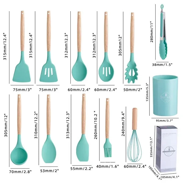 Kitchen Non-stick Silicone Utensil Set with Wood Handles
