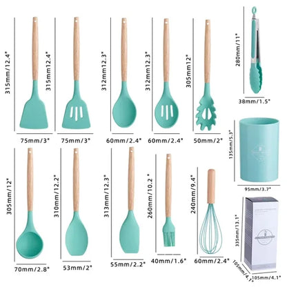 Kitchen Non-stick Silicone Utensil Set with Wood Handles