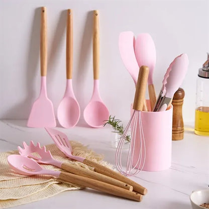 Kitchen Non-stick Silicone Utensil Set with Wood Handles