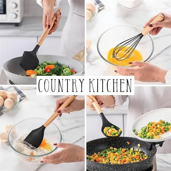 Kitchen Non-stick Silicone Utensil Set with Wood Handles