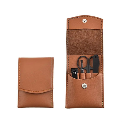 4-Piece Black Nail Care Set in PU Leather Storage Bag
