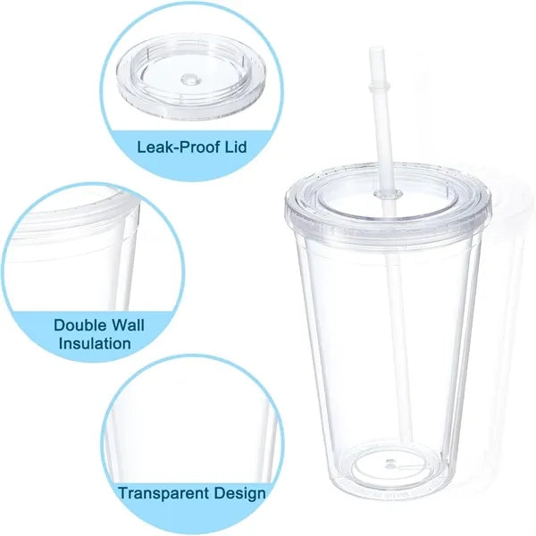 16 oz Double Wall Plastic Cups with Lid&Straw