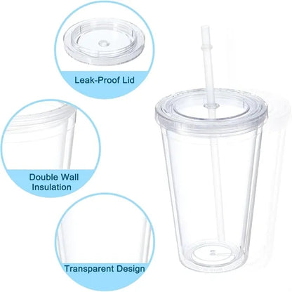 16 oz Double Wall Plastic Cups with Lid&Straw