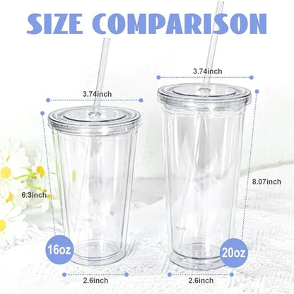 16 oz Double Wall Plastic Cups with Lid&Straw