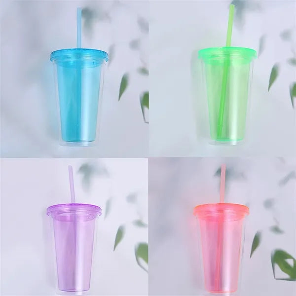 16 oz Double Wall Plastic Cups with Lid&Straw