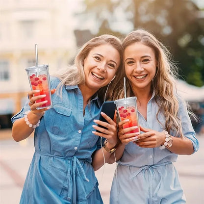 16 oz Double Wall Plastic Cups with Lid&Straw
