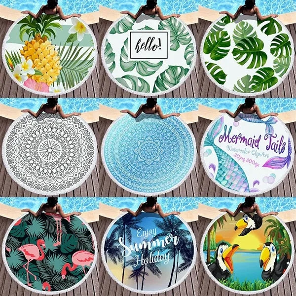 Custom Printed Microfiber Round Beach Towel With Tassel