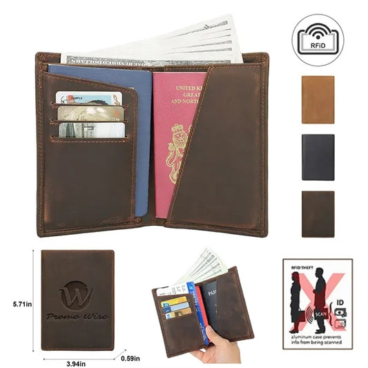 RFID Bifold Genuine Leather Passport Card Holder Wallet