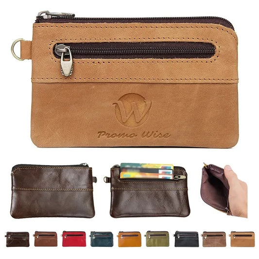 Zippered Compact Genuine Leather Wallet Card Holder