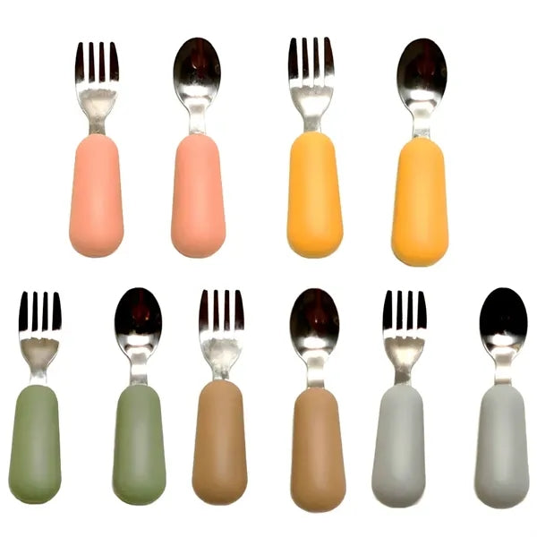 Silicone Stainless Steel Baby Feeding Spoon Fork Cutlery