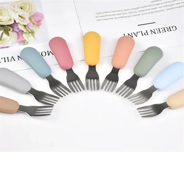 Silicone Stainless Steel Baby Feeding Spoon Fork Cutlery