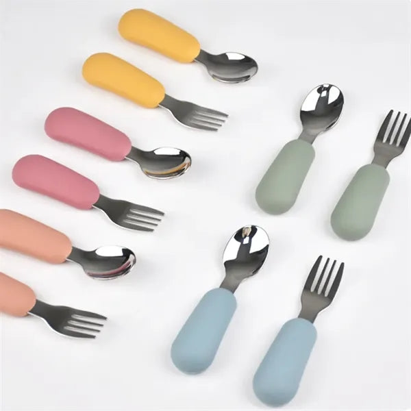 Silicone Stainless Steel Baby Feeding Spoon Fork Cutlery