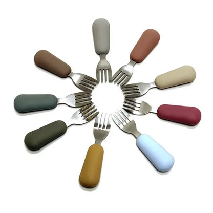 Silicone Stainless Steel Baby Feeding Spoon Fork Cutlery