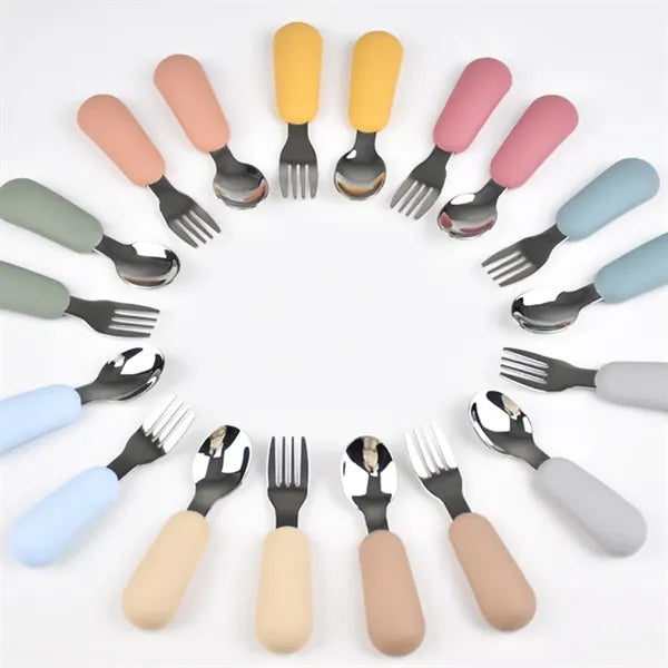 Silicone Stainless Steel Baby Feeding Spoon Fork Cutlery
