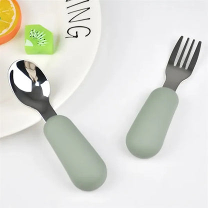 Silicone Stainless Steel Baby Feeding Spoon Fork Cutlery