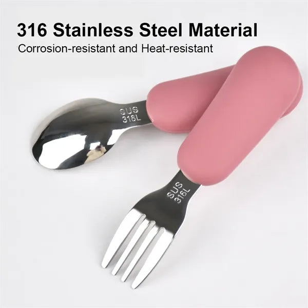 Silicone Stainless Steel Baby Feeding Spoon Fork Cutlery