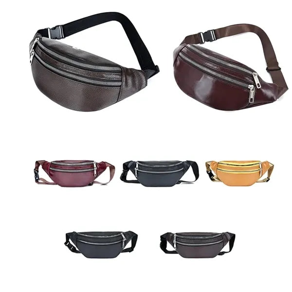 Unisex Real Leather Double Zipper Fanny Pack Waist Belt Bag