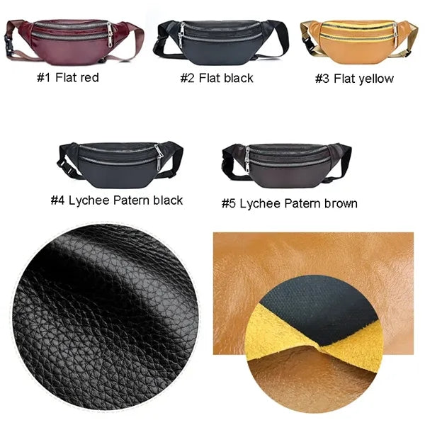 Unisex Real Leather Double Zipper Fanny Pack Waist Belt Bag