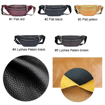 Unisex Real Leather Double Zipper Fanny Pack Waist Belt Bag