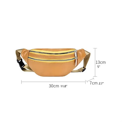 Unisex Real Leather Double Zipper Fanny Pack Waist Belt Bag
