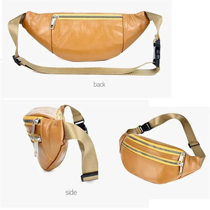 Unisex Real Leather Double Zipper Fanny Pack Waist Belt Bag