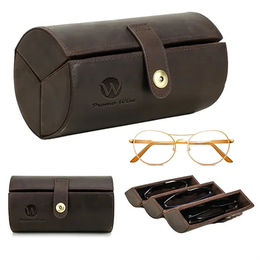Foldable 3-Slot Genuine Leather Vintage Eyeglasses Organizer