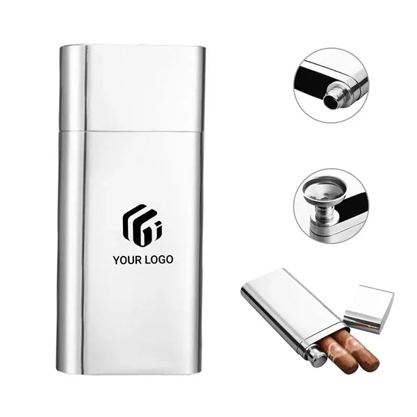Stainless Steel 2-Finger Cigar Case With 2oz Tube Flask