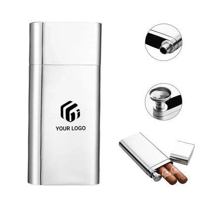 Stainless Steel 2-Finger Cigar Case With 2oz Tube Flask