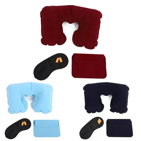 Inflatable Neck Pillow with Eye Mask Earplug and Carry Bag