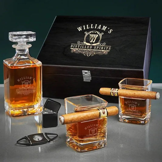 Personalized Cigar Glasses and Whiskey Decanter Set Sale