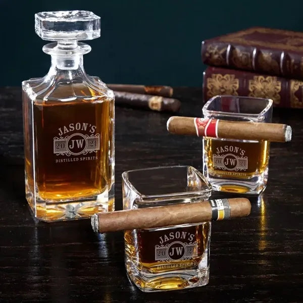 Personalized Cigar Glasses and Whiskey Decanter Set Sale