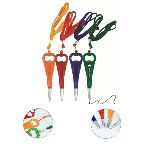 Portable Plastic Ballpoint Pen with Bottle Opener & Lanyard