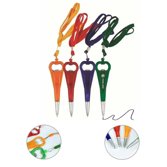 Portable Plastic Ballpoint Pen with Bottle Opener & Lanyard