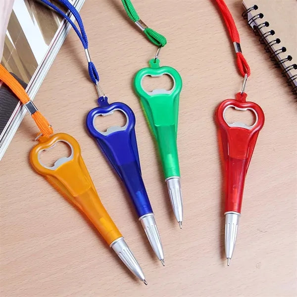 Portable Plastic Ballpoint Pen with Bottle Opener & Lanyard