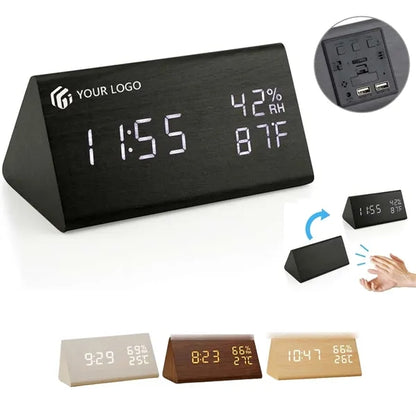 Voice Wooden Alarm Clock with Temperature Humidity Display
