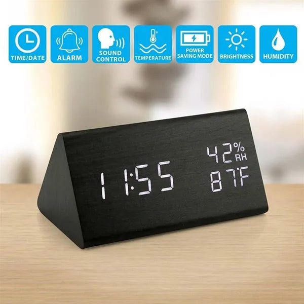 Voice Wooden Alarm Clock with Temperature Humidity Display