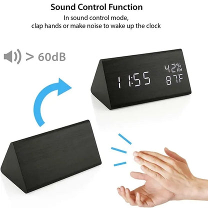 Voice Wooden Alarm Clock with Temperature Humidity Display