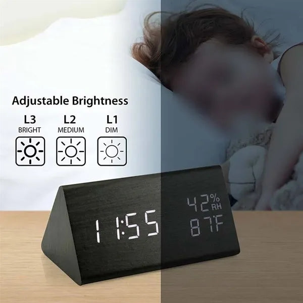 Voice Wooden Alarm Clock with Temperature Humidity Display