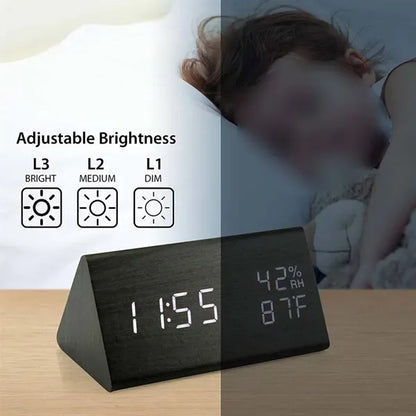 Voice Wooden Alarm Clock with Temperature Humidity Display