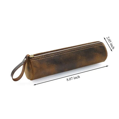 Vintage Zippered Leather Pencil Pouch for School & Office