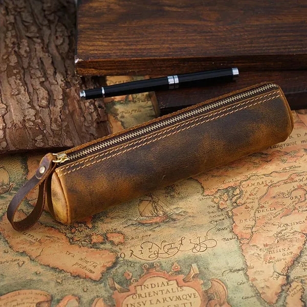 Vintage Zippered Leather Pencil Pouch for School & Office