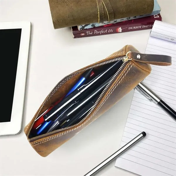 Vintage Zippered Leather Pencil Pouch for School & Office