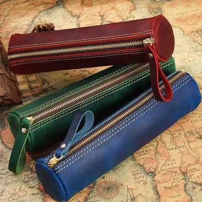 Vintage Zippered Leather Pencil Pouch for School & Office