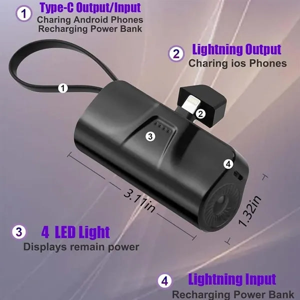 Mini Power Bank with Built-in Lightning&USB-C Connector