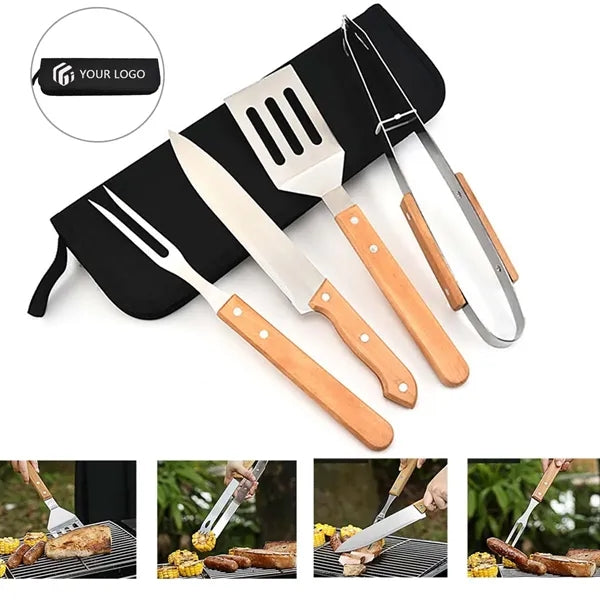 Stainless Steel Wooden Handle Camping Grill BBQ Tool Set