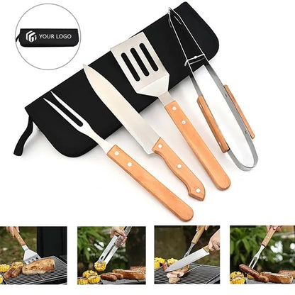 Stainless Steel Wooden Handle Camping Grill BBQ Tool Set