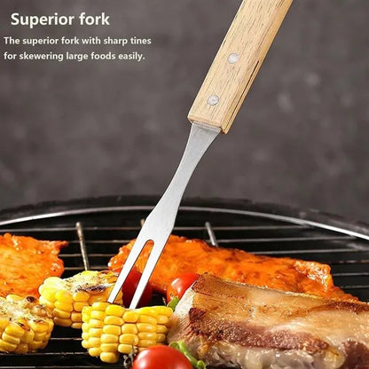Stainless Steel Wooden Handle Camping Grill BBQ Tool Set
