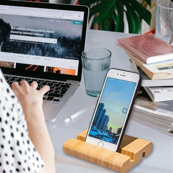 Universal bamboo desktop tablet holder cell phone stand