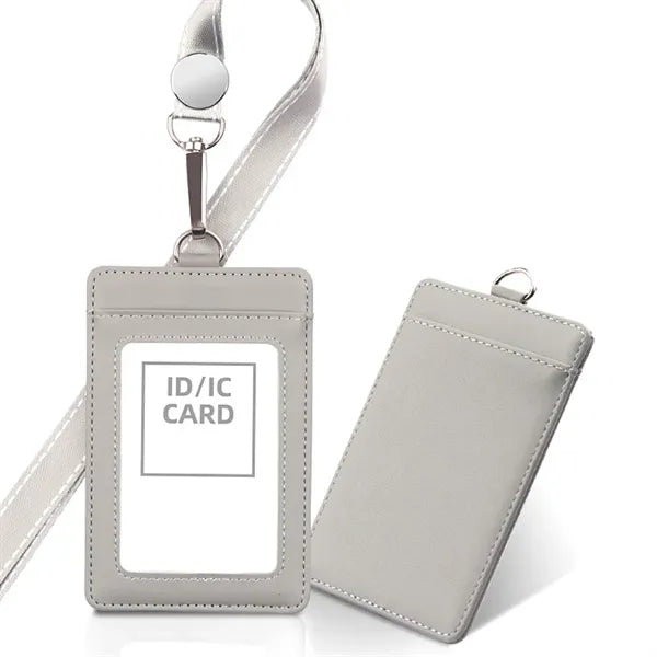 Leather ID Badge Holder with Detachable Neck Lanyard Strap