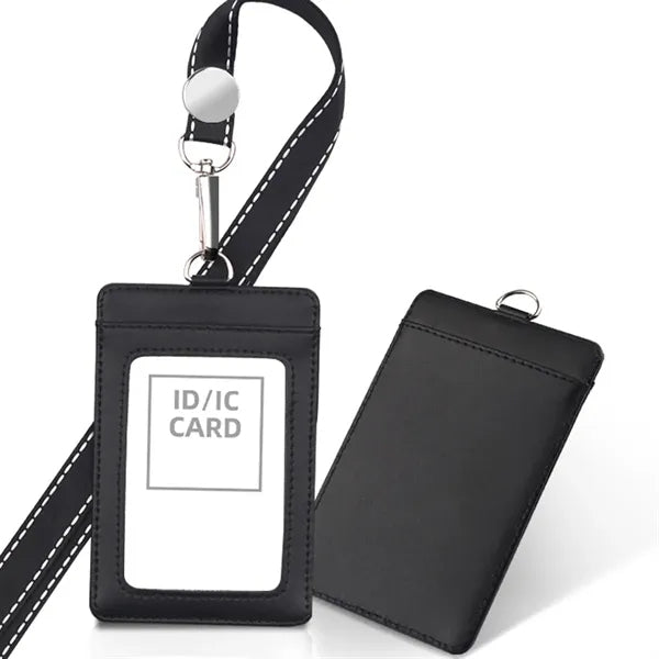 Leather ID Badge Holder with Detachable Neck Lanyard Strap